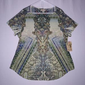 One World Top 2X‎ Short Sleeve Green Print Sequin Scoop Stretch Knit Boho Witchy
